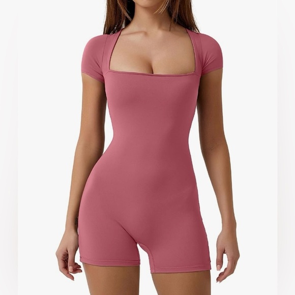 qinsen Pants - QINSE Pink Form-Fitting Romper with Square Neckline